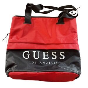 NEW GUESS White Logo Nylon Lightweight Travel Gym Tote Bag Handbag - Red / Black